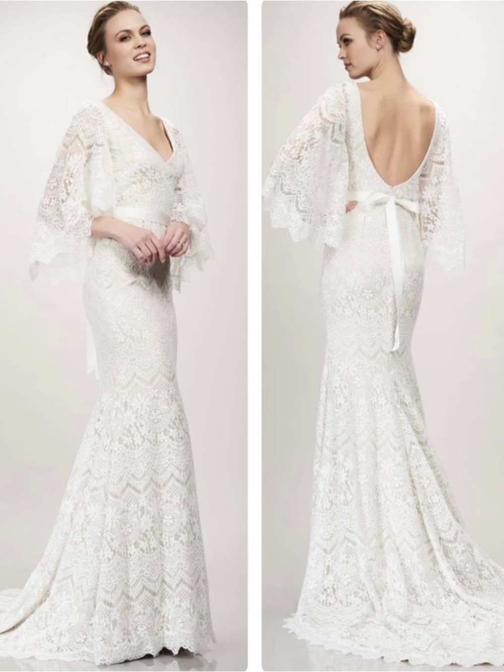 THEIA Sandy Wedding Gown Ivory Lace Column Train Butterfly Sleeve Boho NEW